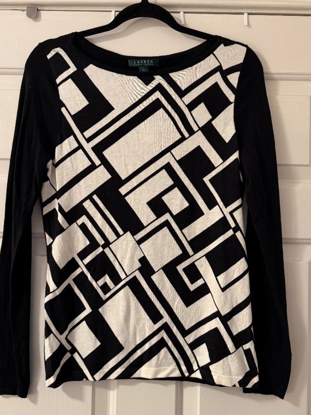 NWT Lauren Ralph Lauren Geometric Pattern Long Sleeve Blouse Womens Medium Black
